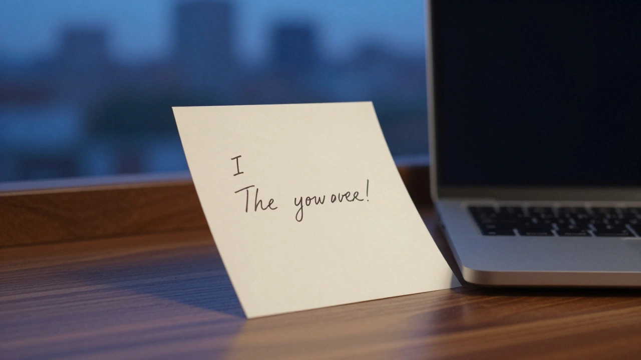 A handwritten note on a desk with city lights reflected in a window, suggesting discreet communication.