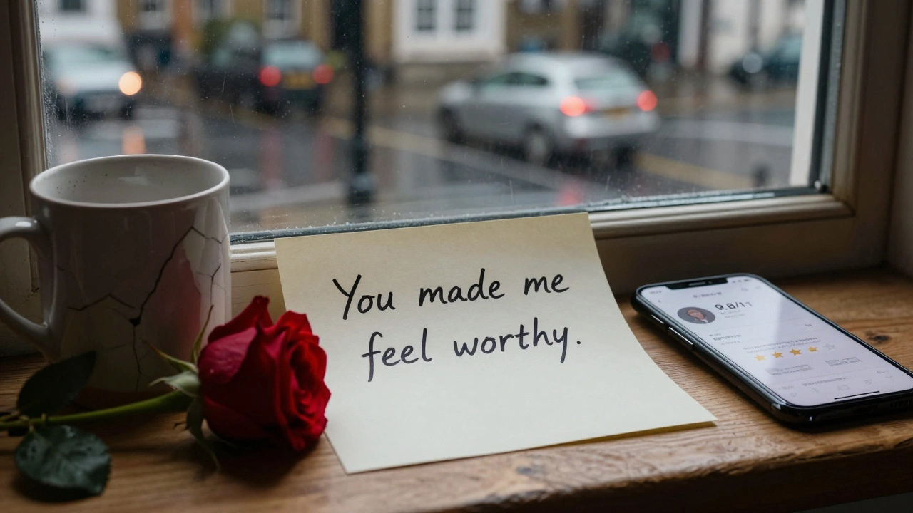 A handwritten note saying &#039;You made me feel worthy&#039; rests beside a rose and mug on a rainy London windowsill.