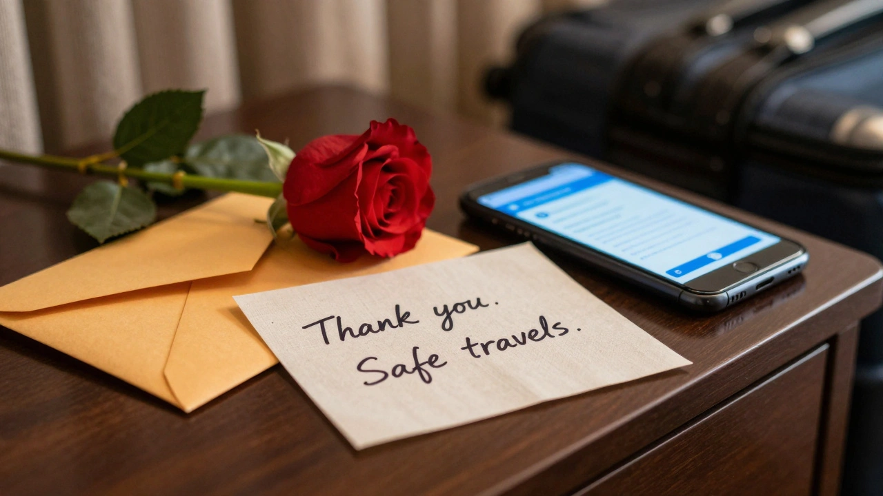 A handwritten thank-you note on a hotel nightstand beside a rose and a phone.