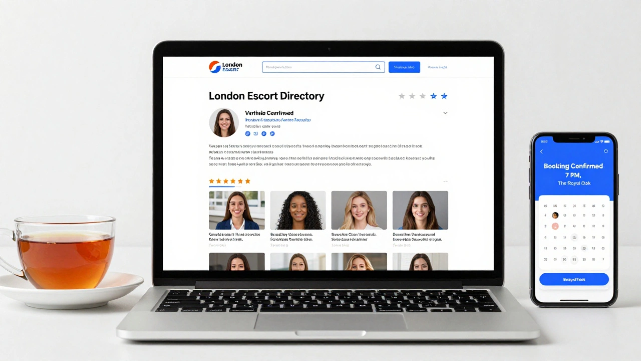 A laptop screen shows a verified escort profile with real reviews and booking details, beside a teacup and smartphone notification.