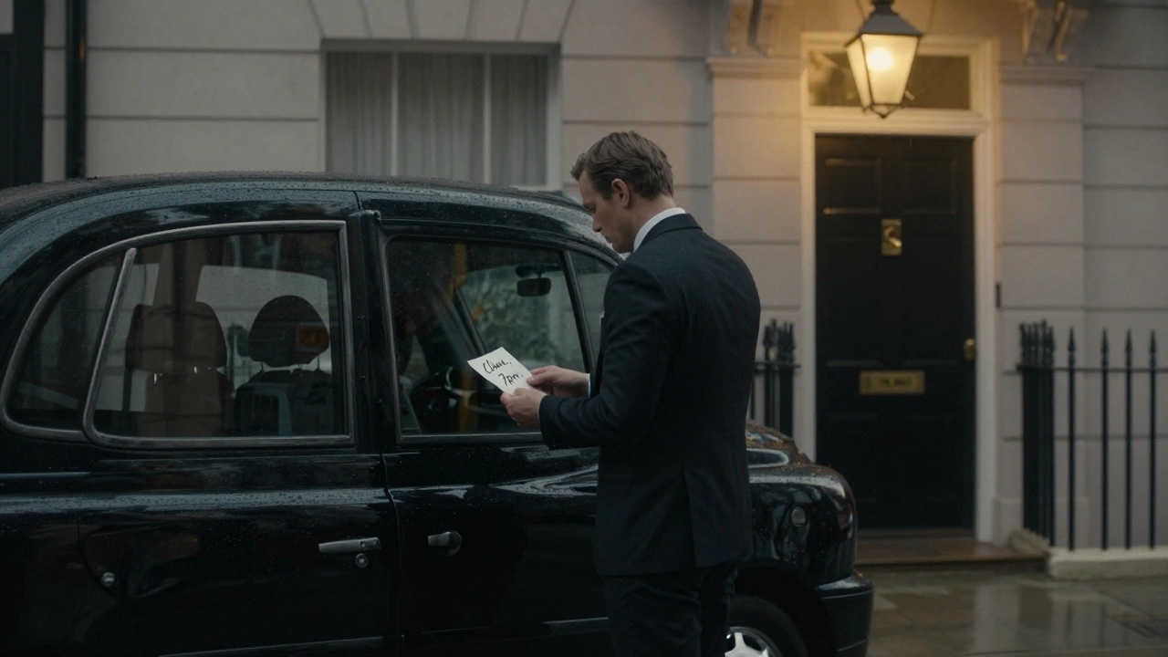 A man exits a taxi onto a rainy London street, heading toward a discreet townhouse for an evening appointment.