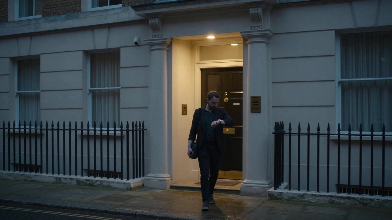 A man walks toward a secure London apartment building at dusk, preparing for a scheduled meeting.