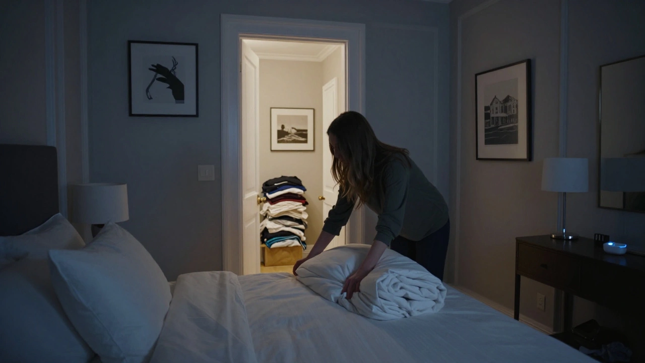 A neatly made bed in a quiet bedroom with a glowing panic button on the nightstand.