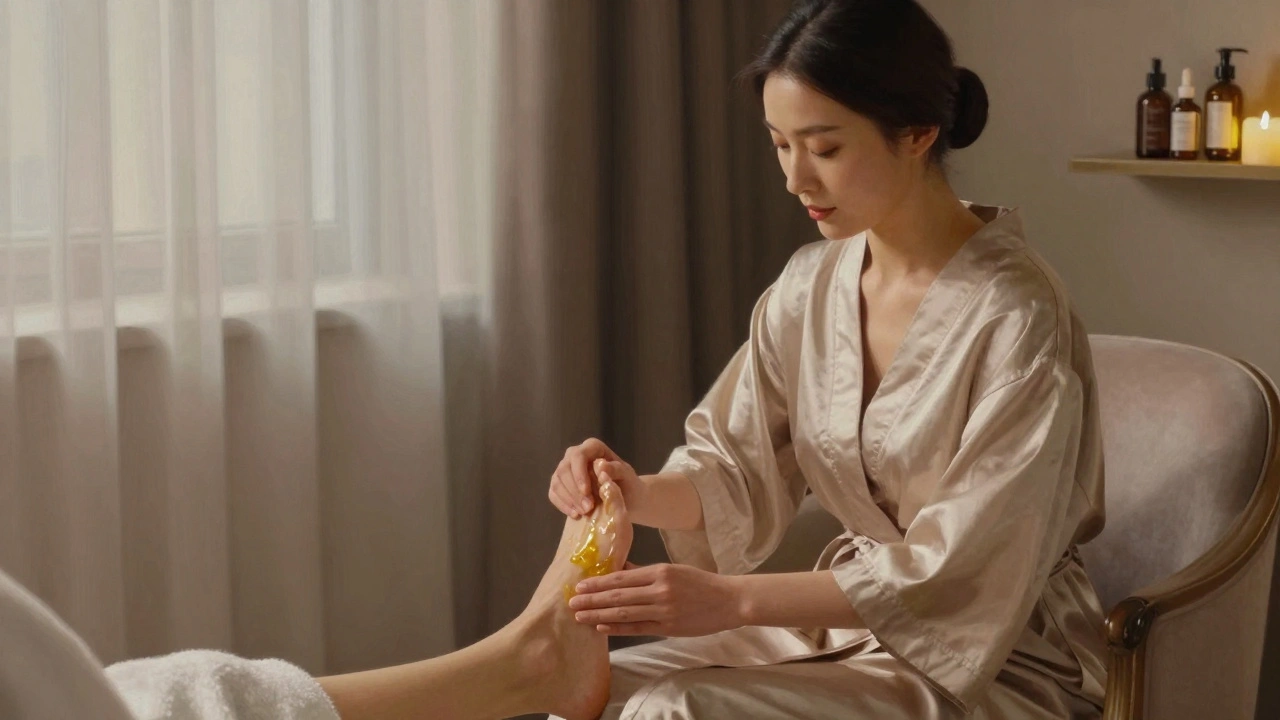 A professional gently massaging a client&#039;s foot with oil in a calm, elegant setting.