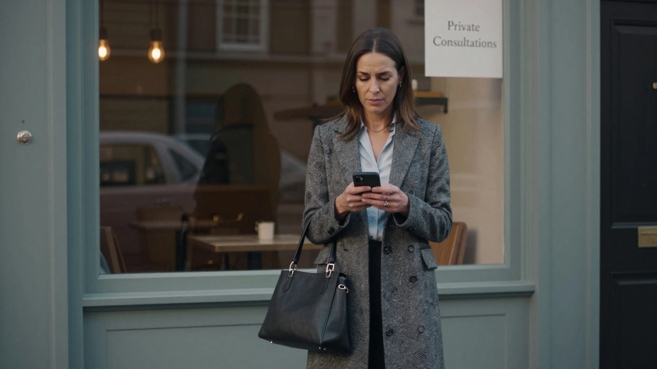 A professional woman standing outside a Bristol café, exuding discretion and dignity.