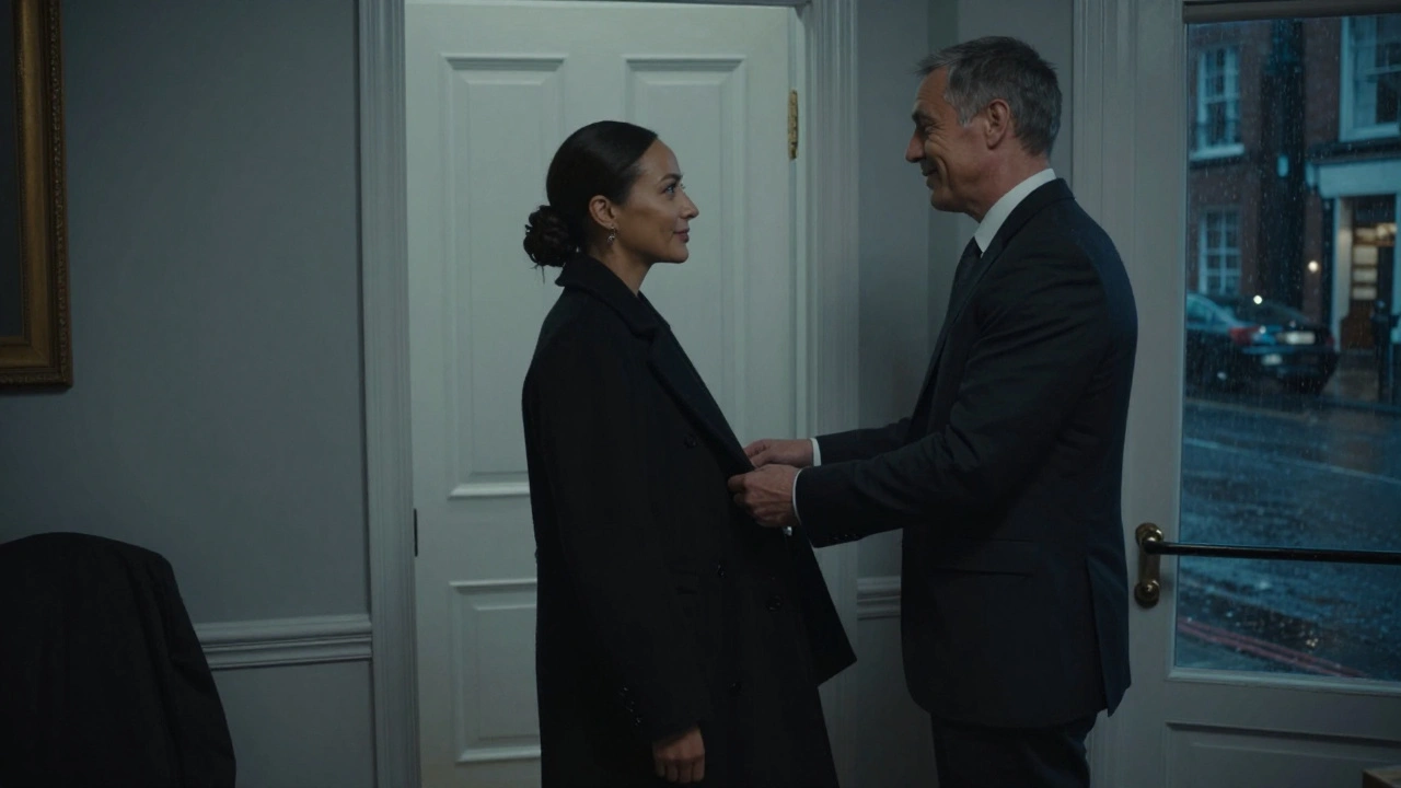 A respectful goodbye at a London door, client receiving his coat with quiet dignity.