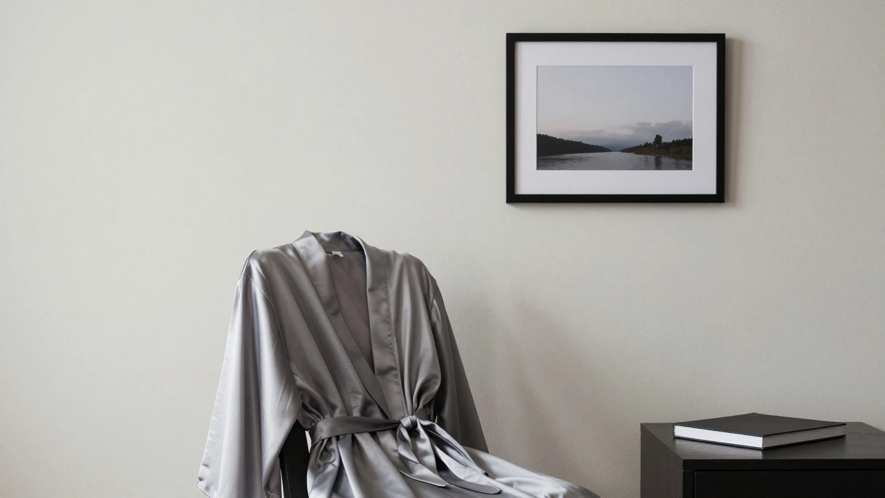 A silk robe and journal in a peaceful bedroom, representing self-care and personal boundaries.
