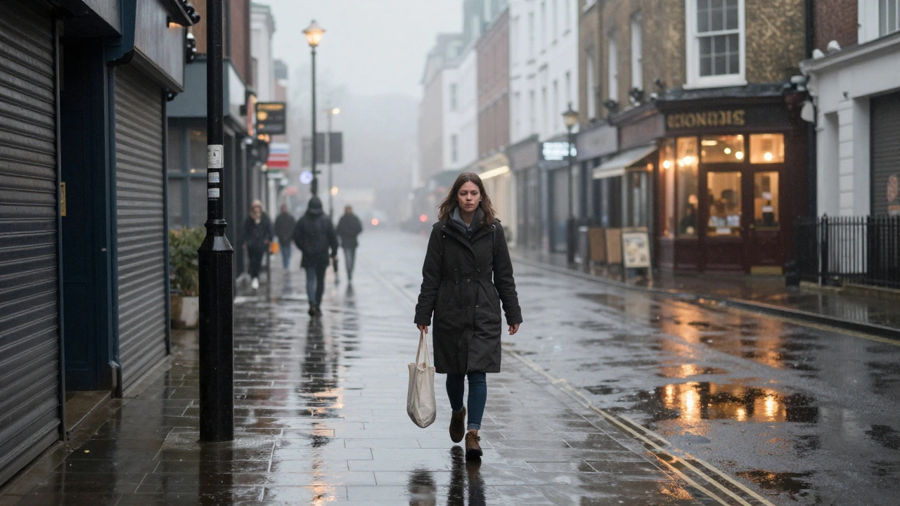 A solitary figure walks through a rainy London street at dawn, reflecting resilience.