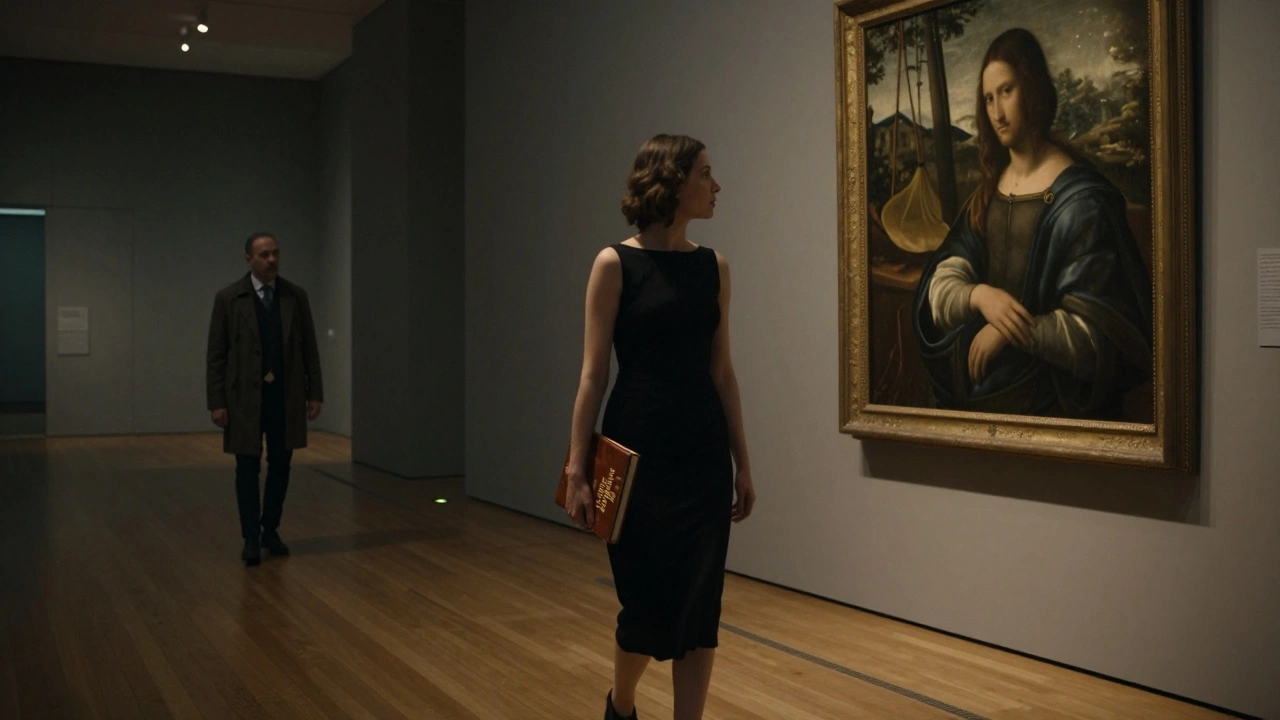 A sophisticated woman walking through the Tate Modern, pausing before a classical painting.