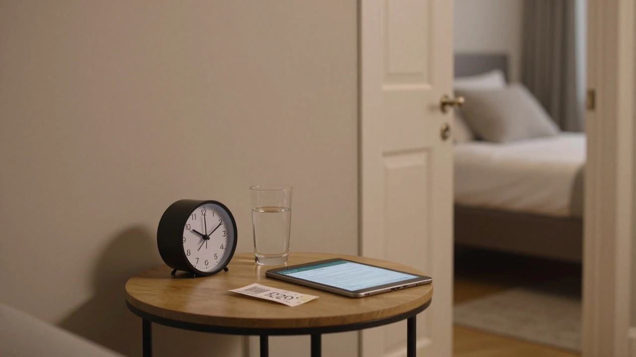 A tidy incall apartment in Notting Hill with a written booking confirmation, water glass, and a tip on a side table.