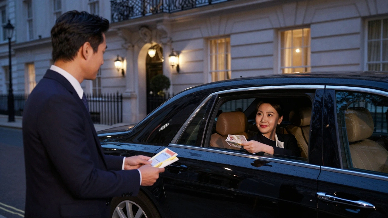A well-dressed man meeting a female escort in a luxury car outside a London hotel, both appearing respectful and calm.