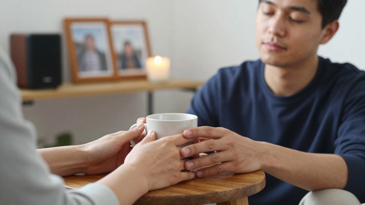A woman places a mug in front of a man, their fingers touching lightly, candlelight glowing nearby.