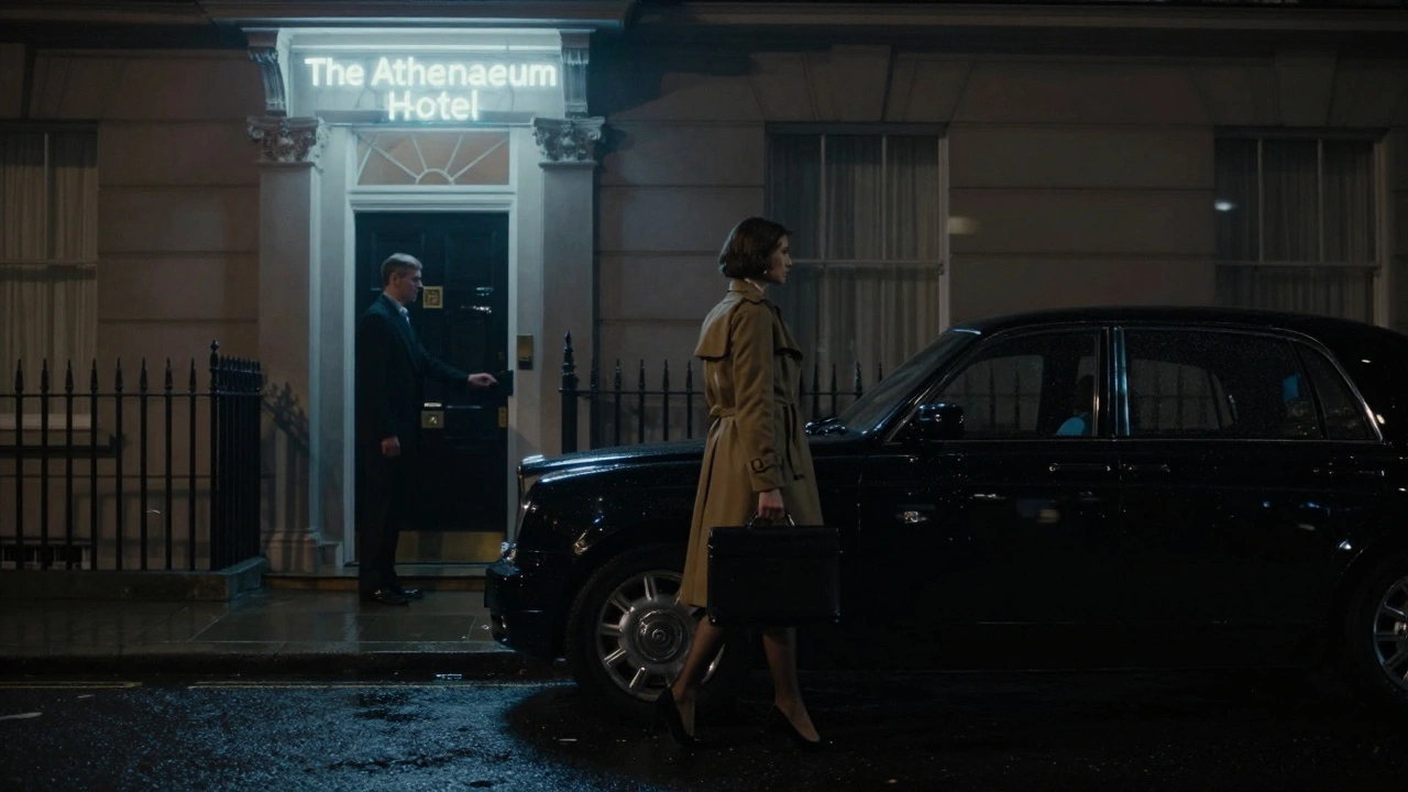 A woman steps out of a black car onto a rainy Belgravia street, heading toward a discreet townhouse at night.