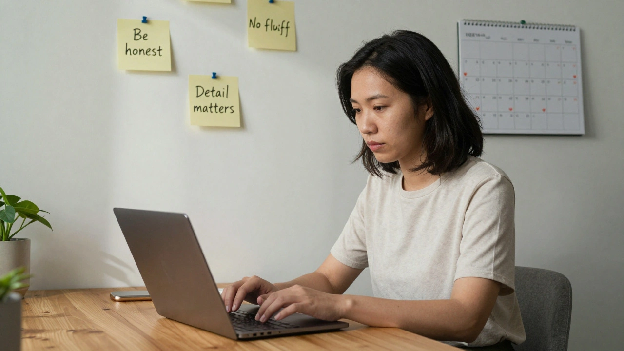 A woman typing an honest escort review in a home office, with handwritten notes about authenticity and detail on the wall.