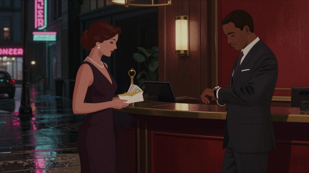 A woman waiting in a chic Chelsea hotel lobby at night, holding cash, with rain reflecting city lights.