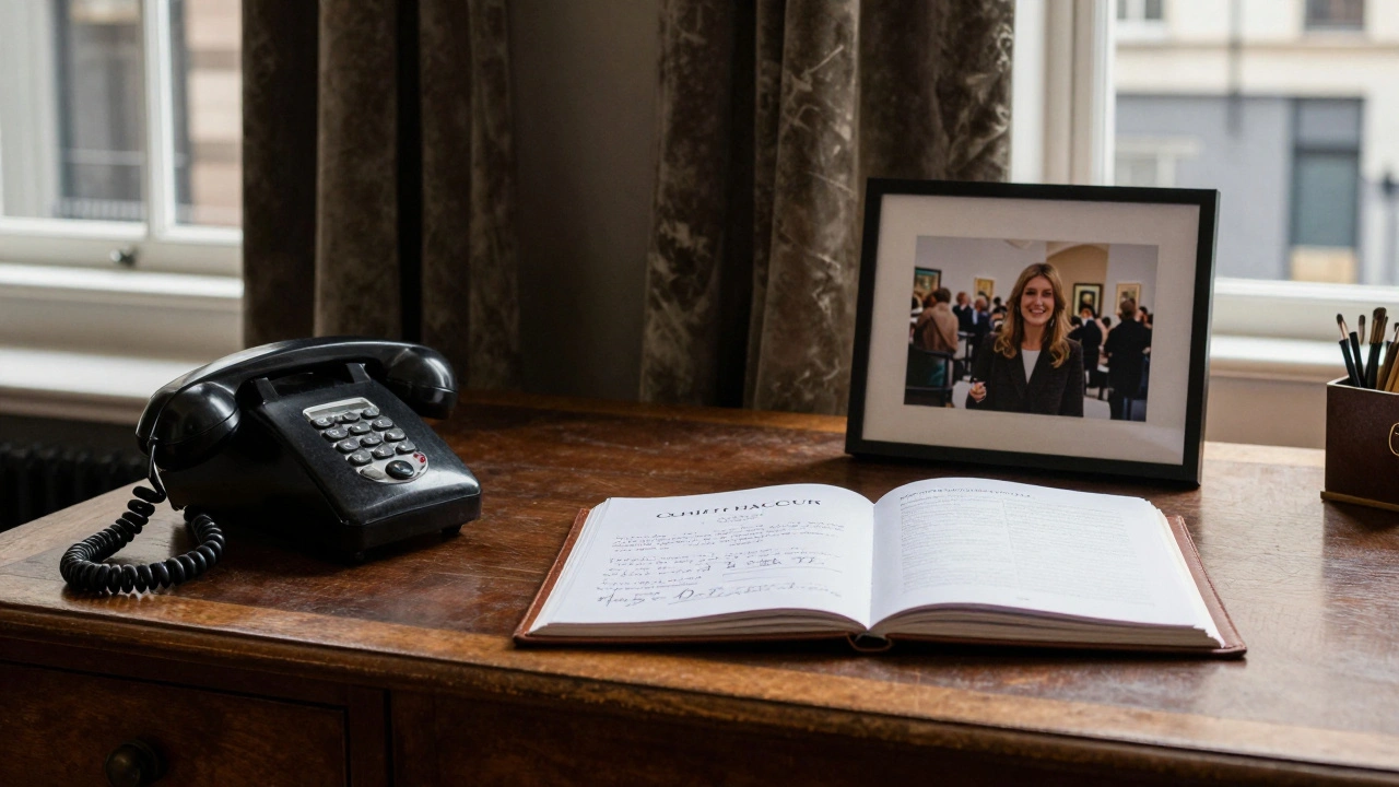 An exclusive escort agency office in Mayfair with vintage details and soft morning light.