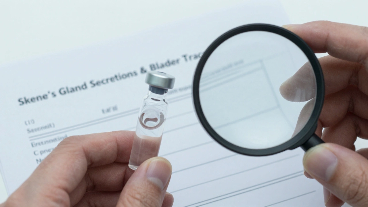 Close-up of clear fluid in vial beside medical report showing composition of squirting fluid.