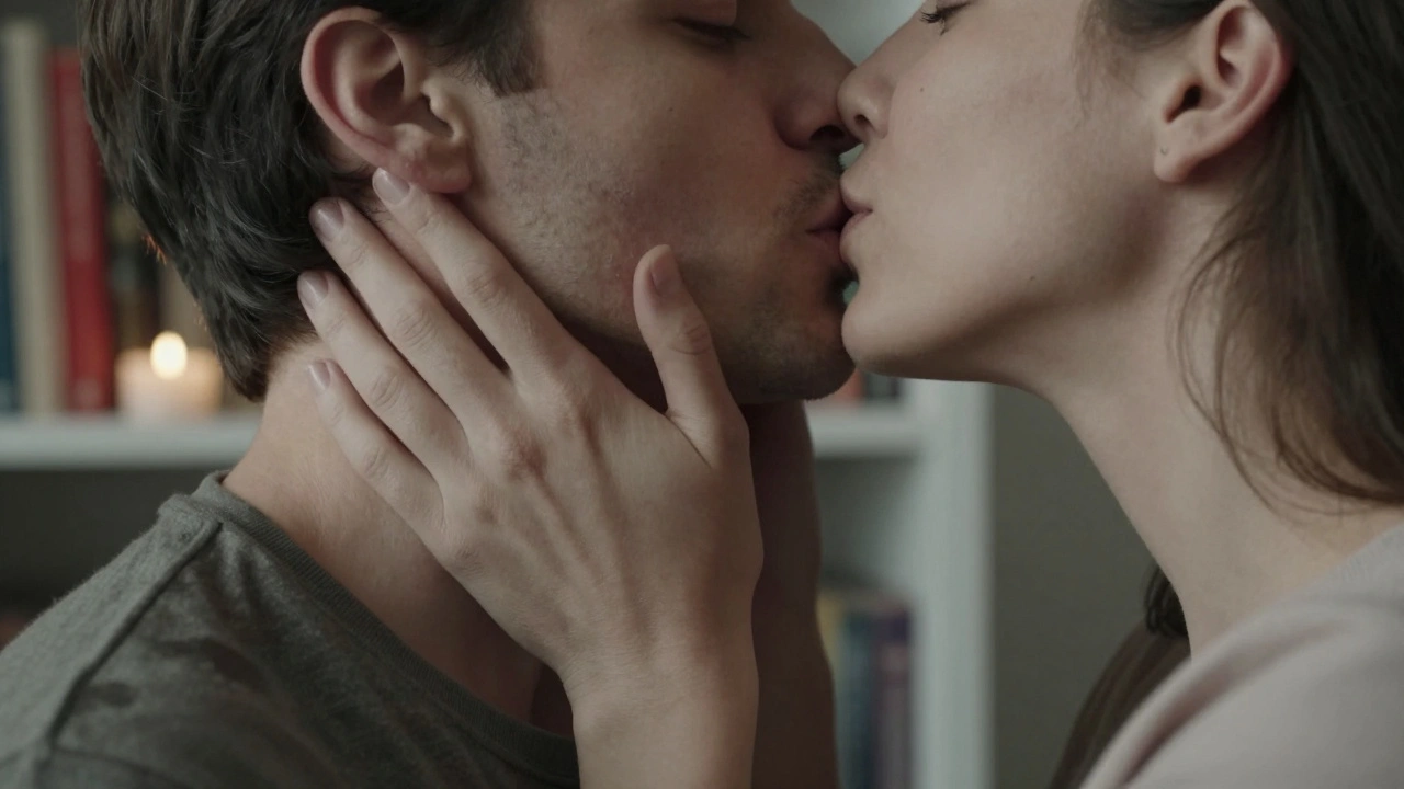 Close-up of hands gently cradling a face, lips about to meet in tender embrace.