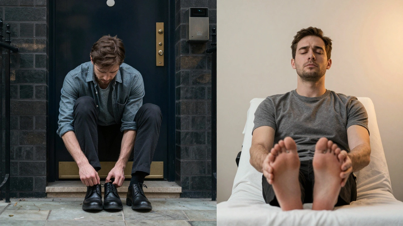 Contrasting scenes of nervous arrival and peaceful foot massage in a private session.