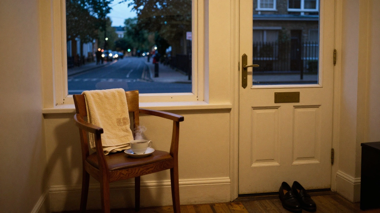 Empty lounge with a folded towel and steaming teacup, quiet aftermath of a deeply intimate session.