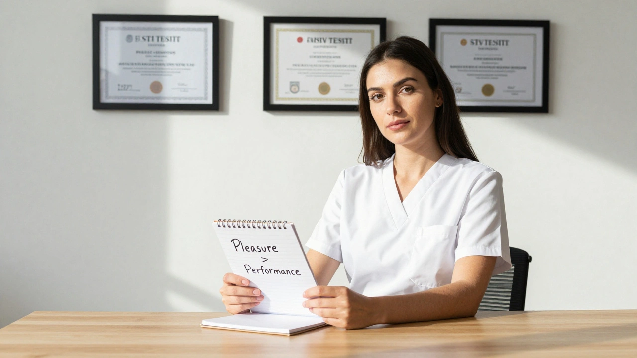 Escort at desk with STI certificates and note &#039;Pleasure &gt; Performance,&#039; professional atmosphere.