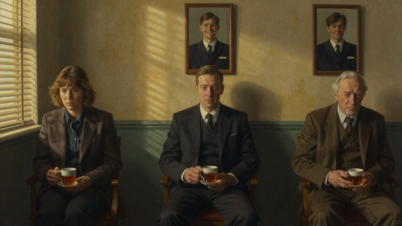 Quiet moments of connection between strangers, symbolized by reflections of an escort in mirrors.