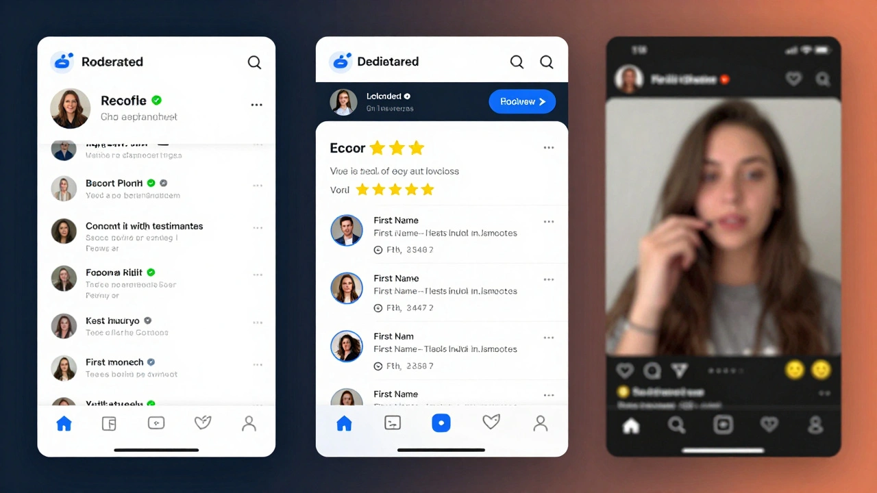 Three screens showing credible review platforms versus staged social media posts, highlighting trusted sources for escort feedback.
