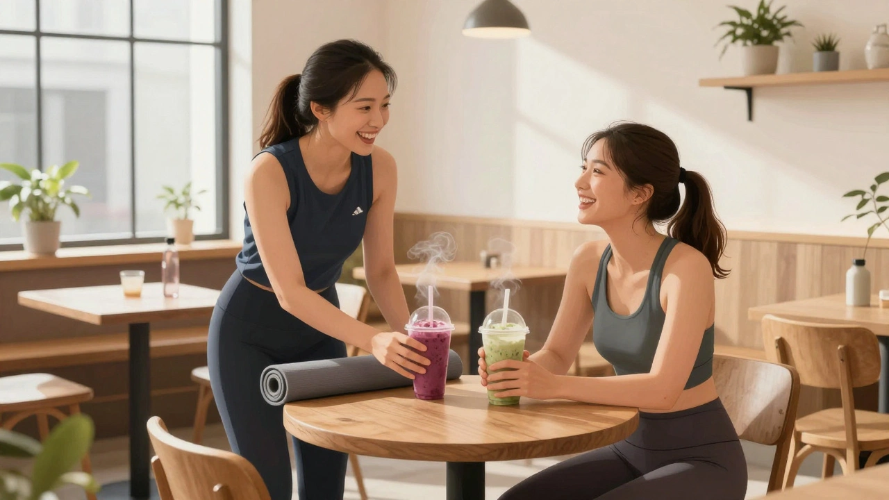 Two people sharing a smoothie at a quiet London café after a workout, wearing activewear.