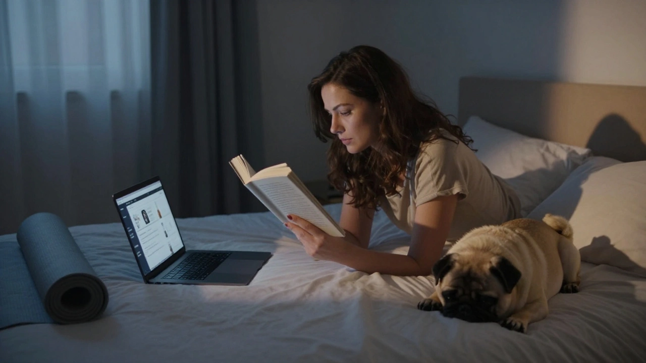 Woman reading in bed at night with a dog beside her, yoga mat and laptop visible.