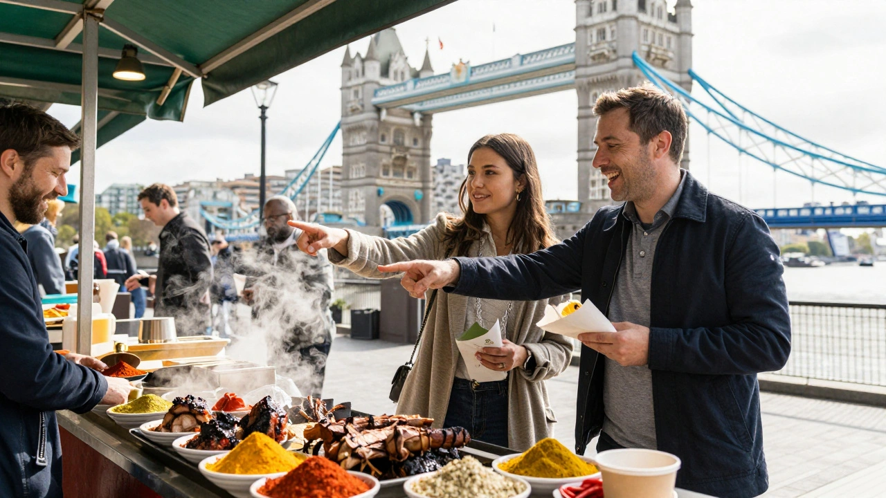 A client and escort laughing together at a street food stall near Tower Bridge, surrounded by colorful market goods and natural daylight.