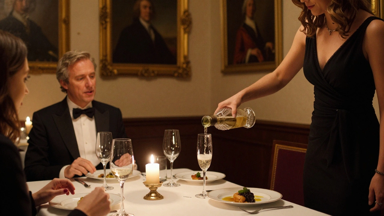 A companion serves champagne with refined etiquette at a private dinner in Claridge’s, surrounded by affluent guests.