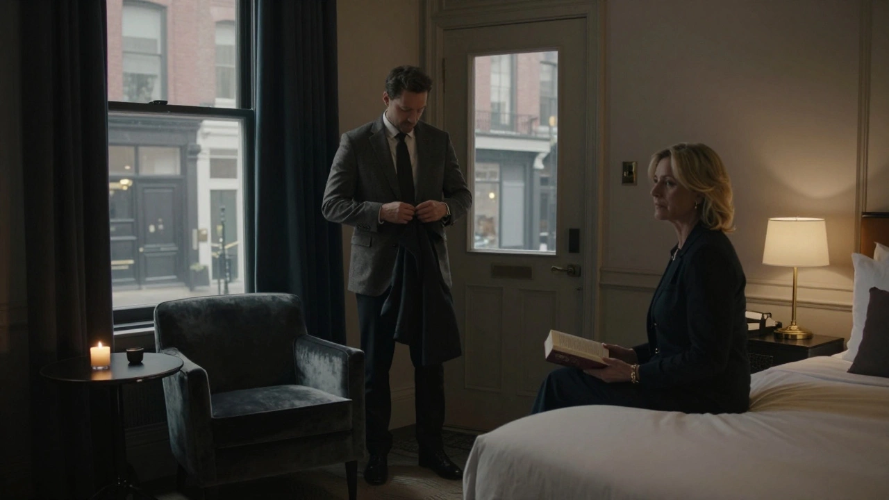 A composed scene in a boutique hotel room, a woman reading calmly as a man prepares to settle in.