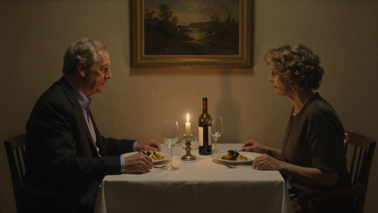 A couple sharing a quiet dinner by candlelight with no physical contact.