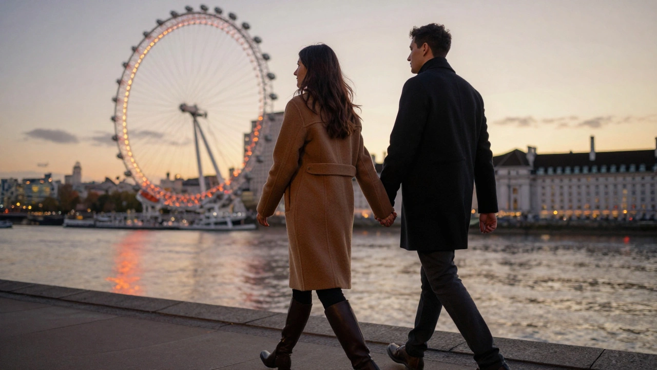 A couple walking along the Thames at sunset, the London Eye glowing in the distance.