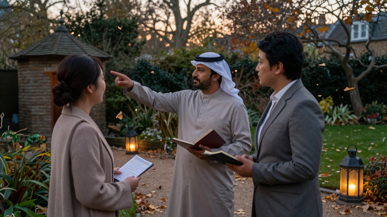 A cultural concierge escort guiding two clients through a serene London garden at dusk, blending privacy, respect, and cultural awareness.