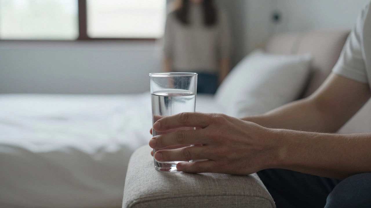 A glass of water placed beside a man on a couch, with a discreet, clean room in the background.