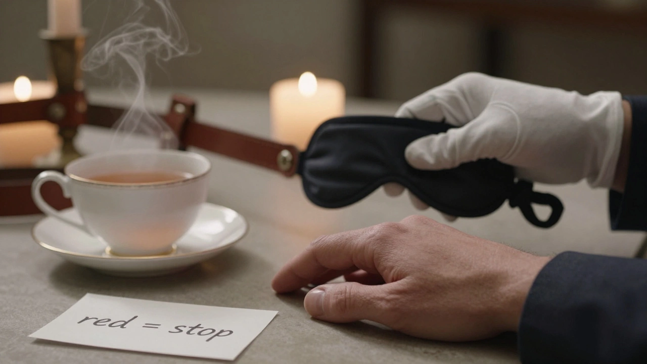 A gloved hand placing a blindfold over a bare hand, with a teacup and safety note nearby.