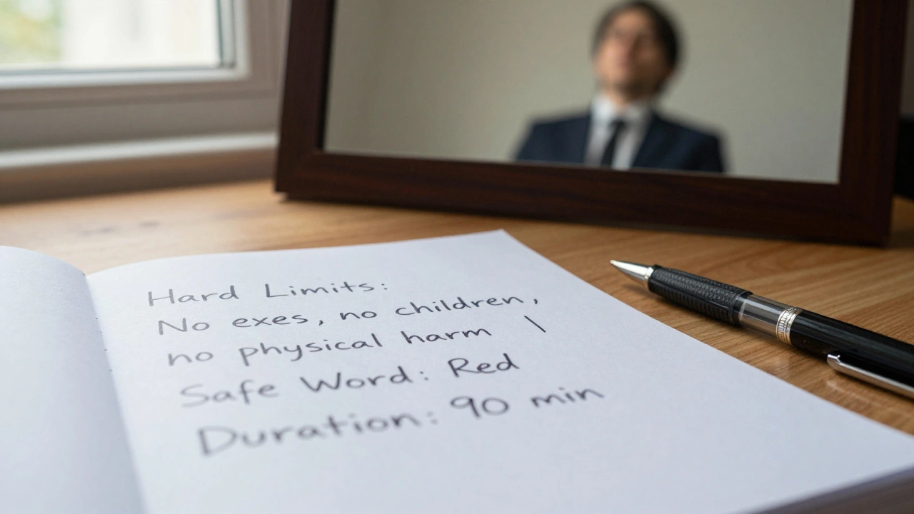 A handwritten list of boundaries and safe words on a wooden desk, symbolizing consent and control in humiliation escorting.