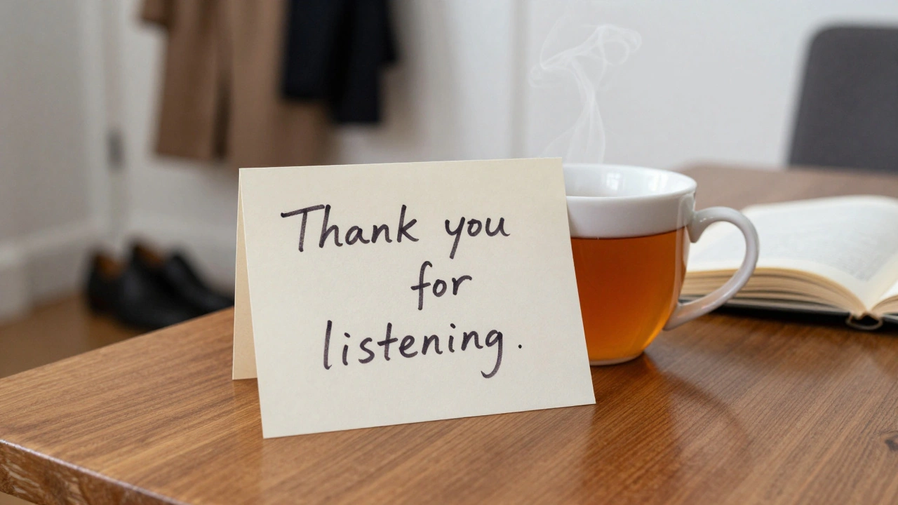 A handwritten note beside a cup of tea on a wooden table, symbolizing emotional connection.
