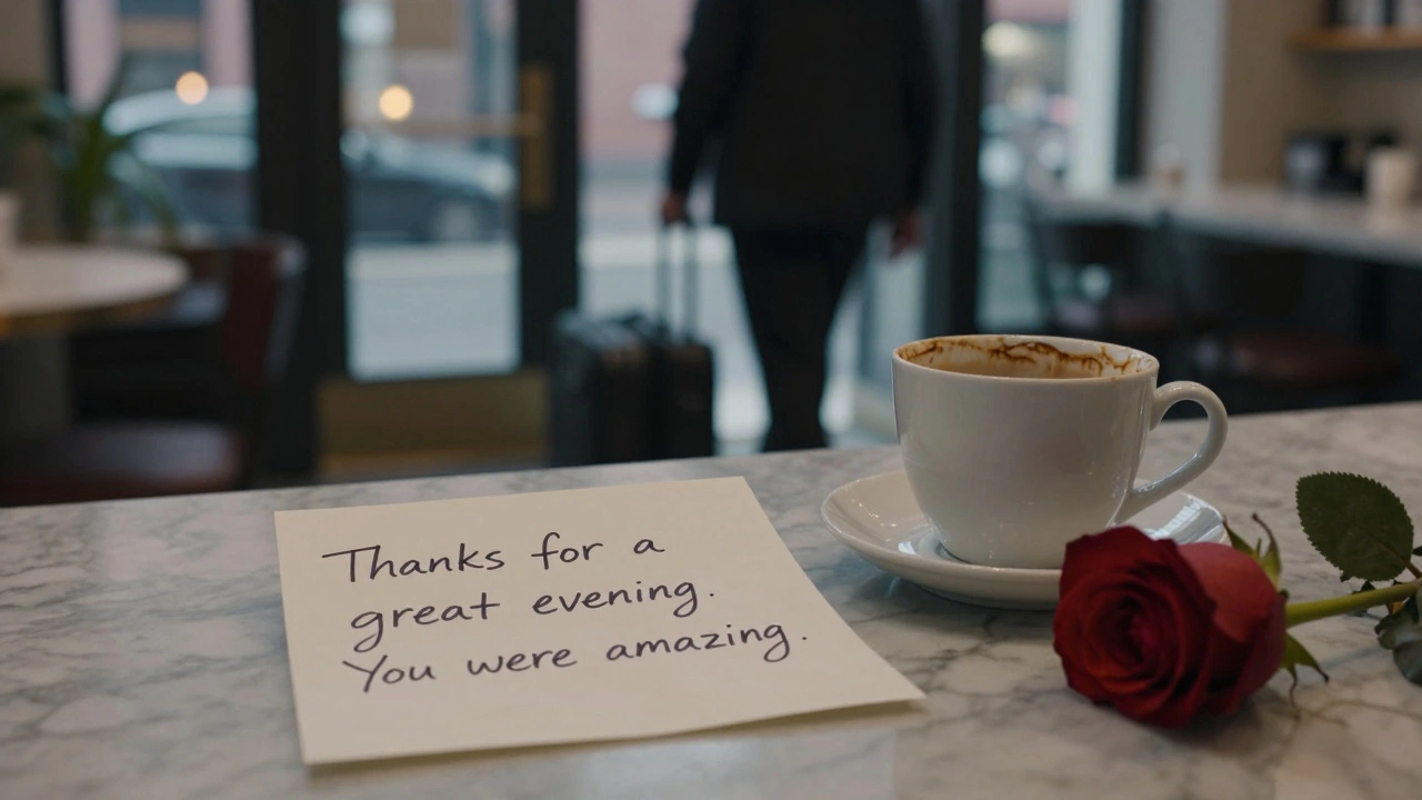 A handwritten thank-you note rests beside coffee and a rose on a marble countertop, symbolizing a dignified ending.