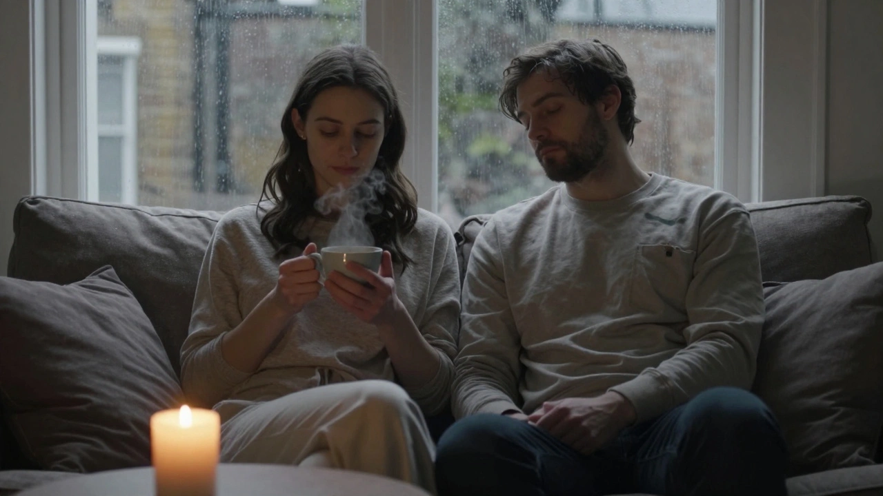 A man and woman sitting together in quiet aftercare, sharing tea and peaceful silence.