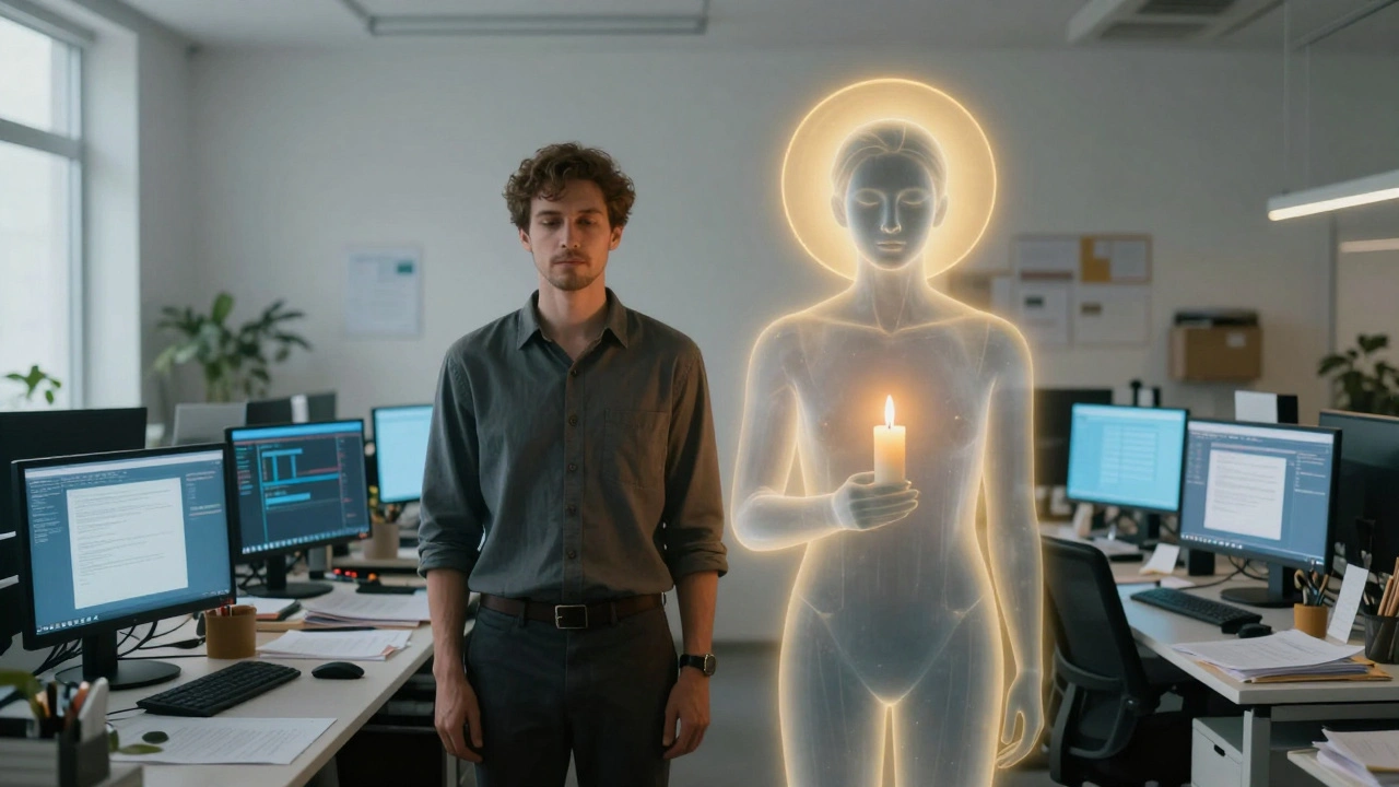 A man in a chaotic office is gently accompanied by a translucent figure holding a candle, representing inner peace.