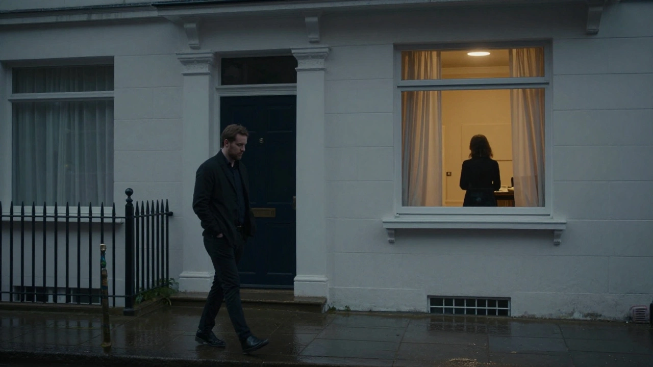 A man walks away from a discreet townhouse at dusk, the escort's silhouette visible only in a window reflection.