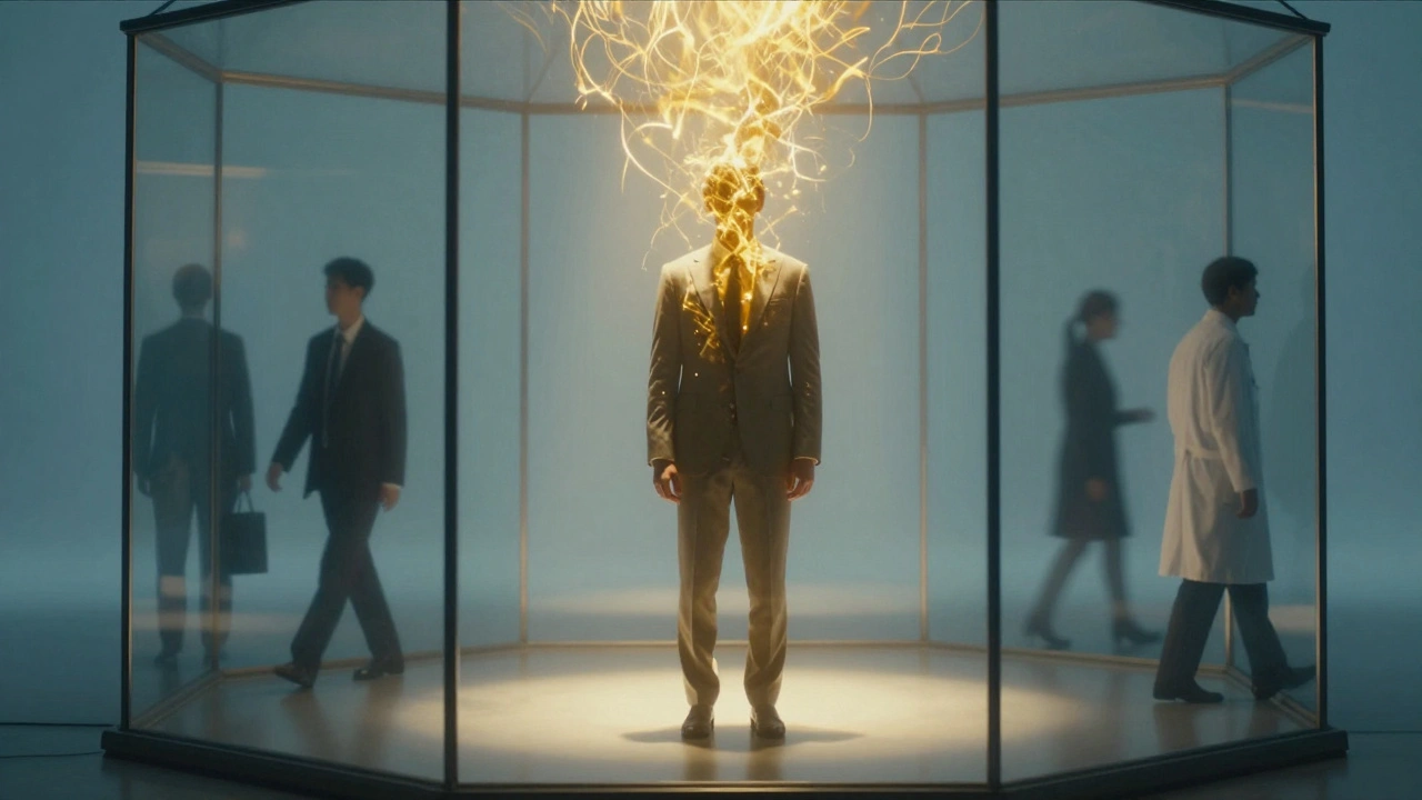 A person in a suit dissolves into golden light inside a glass cage, representing release from emotional burdens.