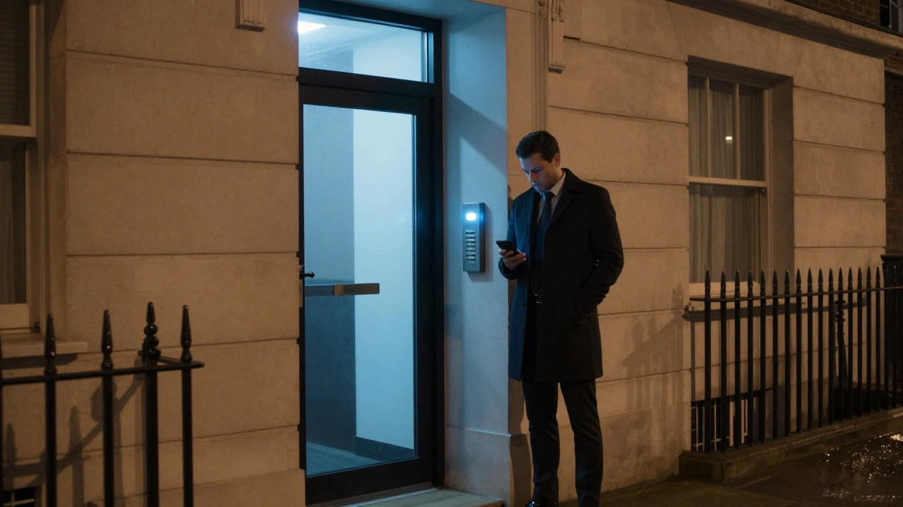 A professional standing outside a discreet London residence, preparing for a private appointment.