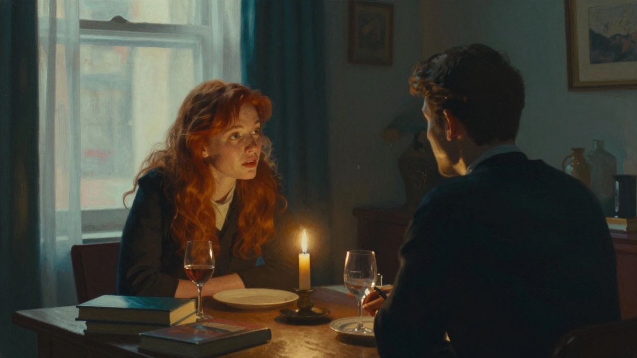 A redhead and client sharing a quiet, intimate dinner at a candlelit table in a cozy London apartment.