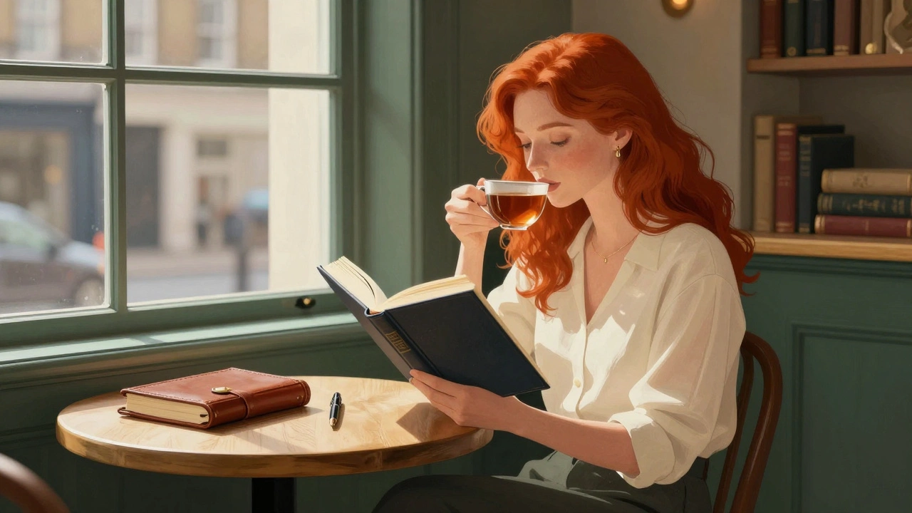 A redhead reading a book in a sunlit London café with books and tea nearby.