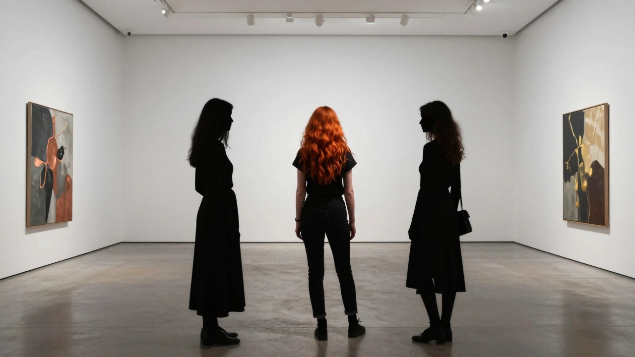 A single illuminated redhead silhouette among shadowed figures in a modern London art gallery.