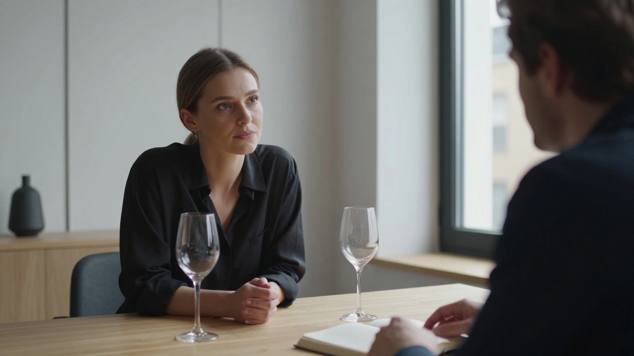 A woman listening attentively to a man in a quiet, sunlit flat with wine glasses on a wooden table.