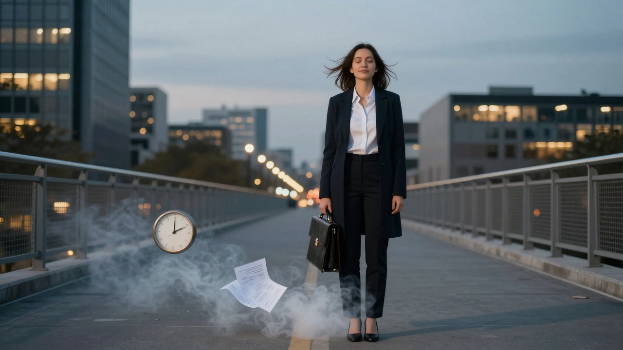 A woman stands on a bridge at dusk, surrounded by dissolving symbols of work stress, embodying emotional freedom after a session.